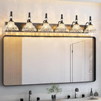 Vintage Bathroom Vanity Light, 6-Light Black Vanity Lighting Fixture with Flower Glass Shade, Bathroom Lighting Fixtures Over Mirror