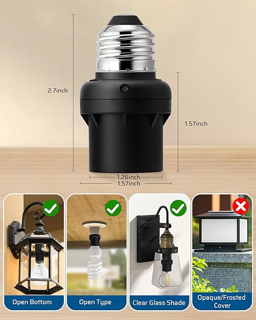 DEWENWILS Light Sensor Socket, E26 E27 Dusk to Dawn Sensor Socket, Light Bulb Socket for Light Fixtures, Compatible with Incandescent/CFL/LED/Halogen Bulbs, Black, 2 Pack