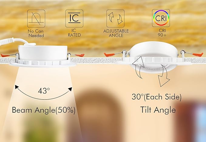 CLOUDY BAY Eyeball 4 inch 5 Color Gimbal LED Recessed Light with Junction Box, 9.5W CRI90+ 2700K/3000K/3500K/4000K/5000K Selectable,Dimmable, Canless Recessed Spotlights, Damp Rated, White,Pack of 6