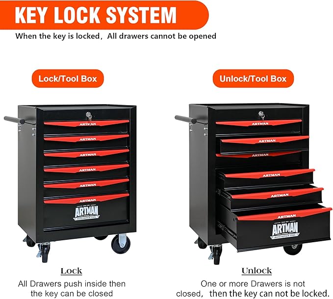 6 Drawers Rolling Tool Box on Wheels, Multifunctional Tool Chest Cabinet with Lock, Drawers Rolling Tool Cart Trolley Organizer Tool Storage Case for Warehouse,Garage,Workshop (Black&Red)