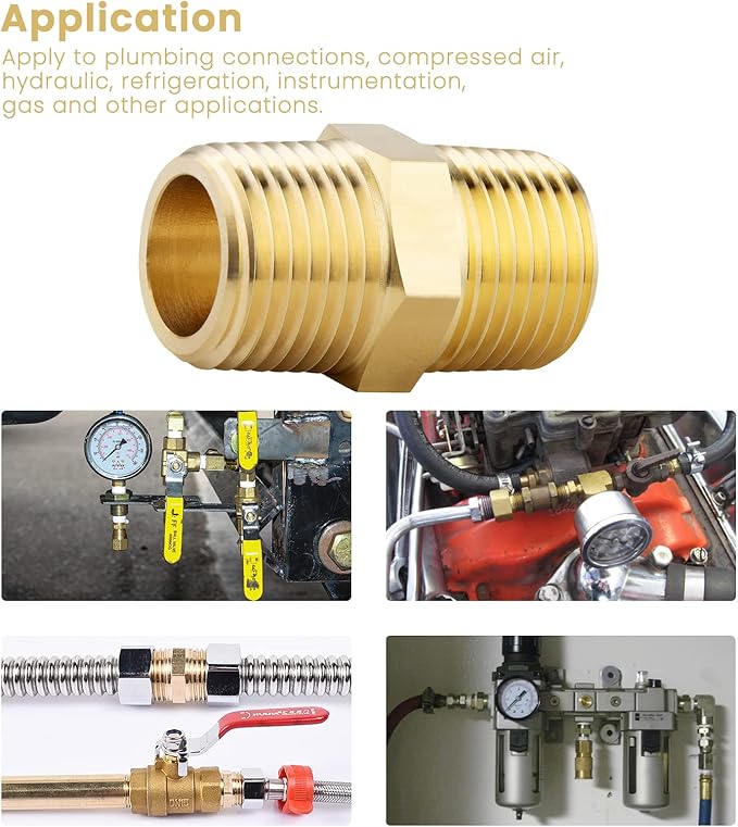 KOOTANS 1/2 NPT x 1/2 NPT Male Solid Brass Hex Nipples, Heavy Brass Pipe Adapter Fittings Equal Nipples Connectors 4Pieces