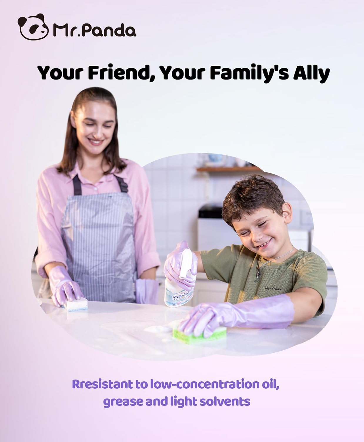 Mr.Panda Skin-Friendly Flocked Cotton Liner Cleaning Gloves Large, Reusable Dishwashing Gloves for Washing Dishes, Kitchen, Shimmering Pink