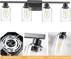 Bathroom Vanity Light, 4-Light Modern Matte Black Wall Sconce Lighting with Clear Glass Shade, Black Wall Lights,Bath Vintage Wall Mounted Lamps for Mirror Bedroom,Living Room