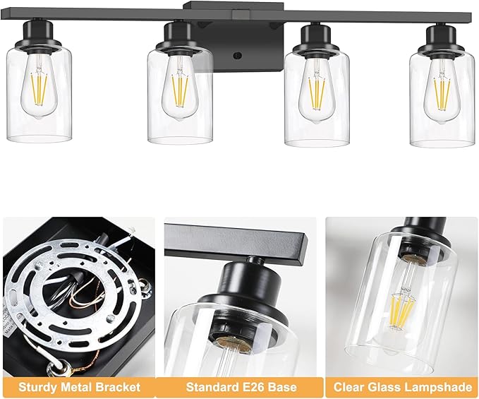 Bathroom Vanity Light, 4-Light Modern Matte Black Wall Sconce Lighting with Clear Glass Shade, Black Wall Lights,Bath Vintage Wall Mounted Lamps for Mirror Bedroom,Living Room