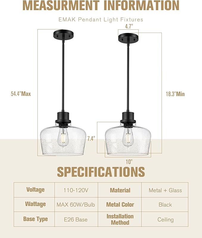 Emak 10 Inch Large Pendant Light, Black Pendant Lights Kitchen Island with Seeded Glass Shade, Modern Farmhouse Island Lights for Kitchen, Dining Room, Entrance, PL126-BK-SG