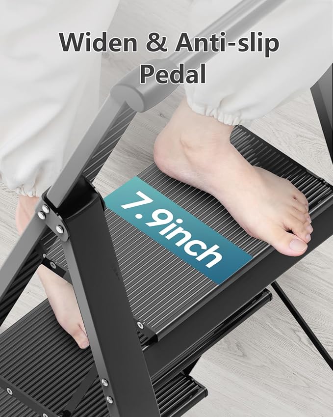 3 Step Ladder, Slim Folding Steps Stool with Handrail, Iron Foldable Black Ladder with Anti-Slip Wide Pedal, for Home, Kitchen, Office, Garage Use (300 lbs Capacity)