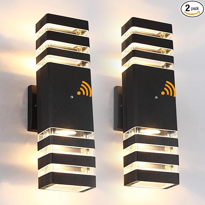 Dusk to Dawn Outdoor Wall Lights 2 Pack, IP65 Waterproof Modern Exterior Light Fixture, 3000K Warm White 3-Layer Up and Down Outdoor Wall Sconce for House Front Porch Garage