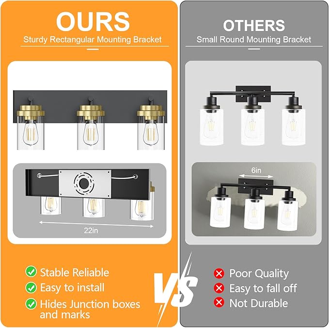 IZORRO Bathroom Vanity Light Fixture, 3-Light 22 Inch Black and Gold Bathroom Light Fixtures Over Mirror, with Clear Glass Shade, Modern Farmhouse Vanity Lights, Rustic Restroom Lighting Fixtures