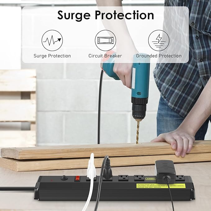 JUNNUJ 20 Amp Power Strip Heavy Duty 2 Pack,Heavy Duty 20 Amp Surge Protector 4800J, Garage Metal 6 Outlets 12 Gauge Extension Cord 10ft