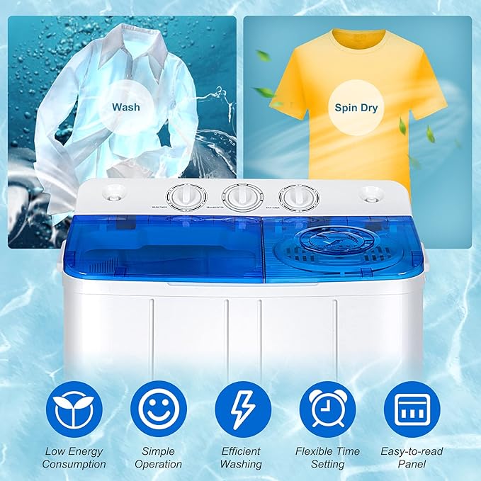 COSTWAY Portable Washing Machine, Twin Tub 22Lbs Capacity, Compact Washer(13.2Lbs) and Spinner(8.8Lbs) with Control Knobs, Built-in Drain Pump, Semi-Automatic Laundry washer for Apartment, RV (Blue)