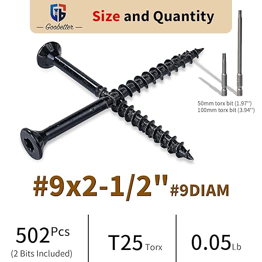 Deck Screws 2 1/2 inch, 500 Pcs Wood Screws #9 x 2-1/2", Rust Resistant, Construction Fence Exterior Screws, Torx Head Drive, 2 Pcs T25 Star Bits Included, Black