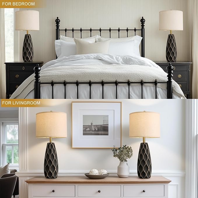 PORTRES 27.5" Ceramic Table Lamps for Bedroom Living Room Lamps Set of 2 Modern Bedside Nightstand Lamp Farmhouse Vintage Rustic Boho Retro Large Table Lamps Light Home Office Desk Deco Gifts, Black