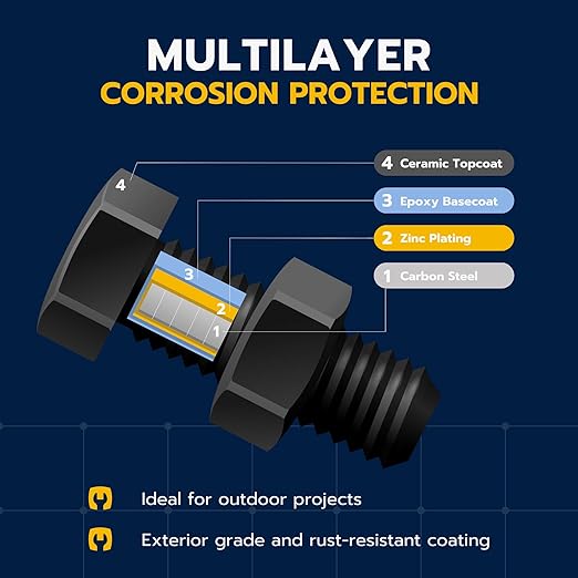 1/2 in. x 4 in. Black Carriage Bolt Kit Includes 12 Bolts, 12 Washers, and 12 Nuts, Ceramic Black Ruspert Coated for Exterior Use - 2X Rust Resistance of Galvanized by Makers Bolt