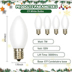 25 Pack White Christmas Light Bulbs,C9/E17 Base 7 Watt Glass Incandescent White Replacement Bulbs for Night Light,Christmas Candle Light Bulbs Great for Outdoor Indoor Holiday Christmas String Lights
