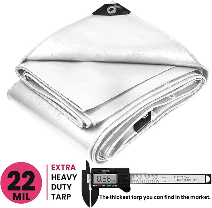 PROTARP Extreme Heavy Duty 22 Mil Tarp Cover, Waterproof, UV Resistant, Rip and Tear Proof, Poly Tarpaulin with Reinforced Edges for Roof, Camping, Patio, Pool, Boat. (White 18′ X 24′)