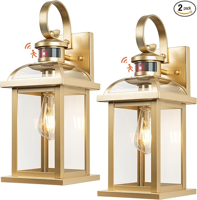 Gold Motion Sensor Outdoor Light Fixtures Dusk to Dawn 2-Pack, 16 Inch Aluminum Anti-Rust Large Brass Outdoor Sconces Wall Mounted Lamps Photocell Outside Lights for House Front Porch