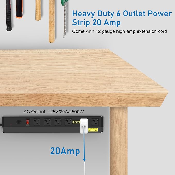 CCCEI Heavy Duty Power Strip Surge Protector 20 Amp, High Amp Industrial Shop Garage Metal Multiple Outlets, 12 FT 12 Gauge 5-15P Extension Cord 6 Outlet 6-20R T-Slot 20a for Appliance, Black.