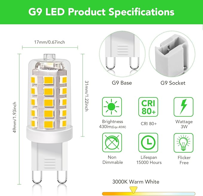 BUBO G9 LED Bulb 3000K Warm White 430 Lumens, 3W Equivalent 40W T4 G9 Halogen Replacement, 360°Beam Angle 120V Non-Dimmable No-Flicker G9 Light Bulbs for Crystal Chandelier Lighting, 10 Pack