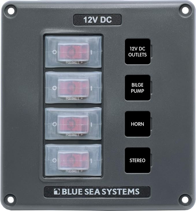 Blue Sea Systems 4320 Water-Resistant Circuit Breaker Switch Panel, Gray, 4 Positions