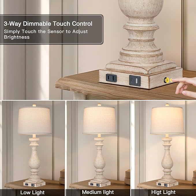 27.5" Tall Farmhouse Lamp,Vintage Bedside Nightstand Lamps with USB Charging Ports A/C,3-Way Dimmable Touch Control Retro Lamp for Bedroom Living Room,Single Beige
