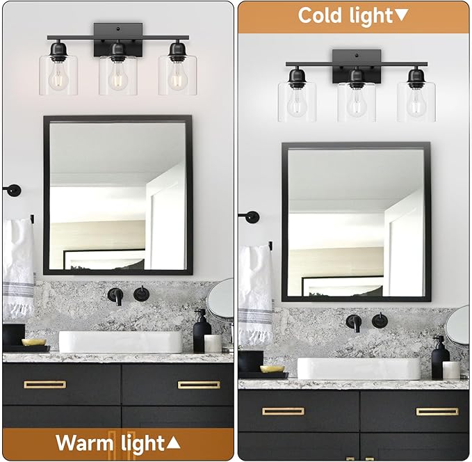 Modern 3 Light Bathroom Light Fixtures, 19 inch Black Vanity Lights for Bathroom with Clear Glass for Mirror Kitchen Living Room Hallway Cabinet Porch