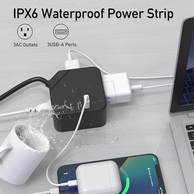 Outdoor Power Strip Weatherproof, KPQ IPX6 Waterproof Surge Protector Power Strip with 3 Outlets, 3 USB A, 6Ft Heavy Duty Extension Cord for Indoor Outdoor- UL FCC Listed