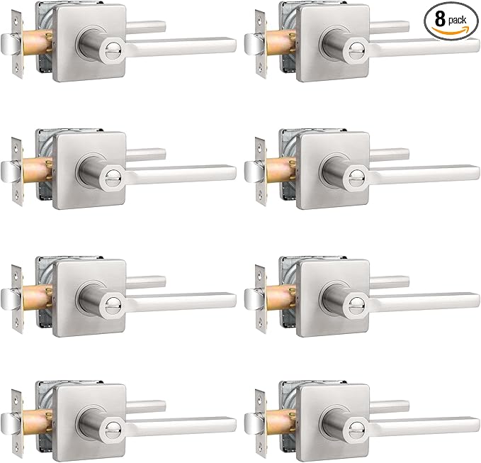 Probrico Privacy Door Handle Interior Heavy Duty Square Brushed Nickel Door Knobs for Bedroom Bathroom Reversible Keyless Door Lever Satin Nickel, 8 Pack