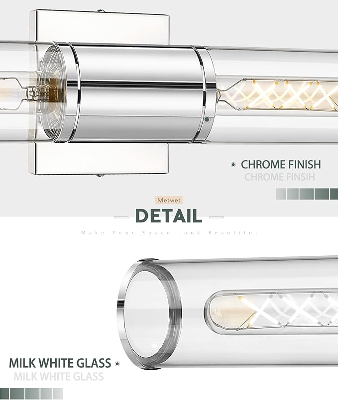 Bathroom Vanity Light Fixtures, Chrome Wall Lights in Clear Glass Indoor Wall Sconce, Modern Wall Light Up and Down Wall Mount Lamp for Bathroom, Bedroom, Hallway, Kitchen, VL834-CH-CL