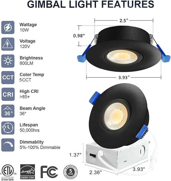 6 Pack Black 3-inch 5 CCT Gimbal LED Recessed/Downlight Color Selectable 2700K/3000K/3500K/4000K/5000K 800Lm 10W 120V Dimness Adjustable LED Lights