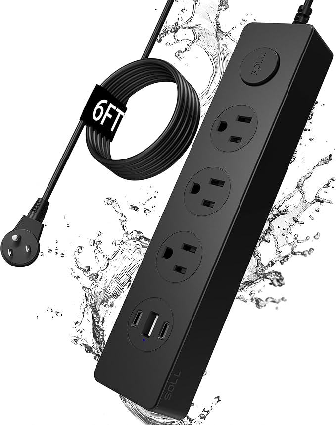 SOLL IPX9 Outdoor Power Strip Weatherproof, Surge Protector Power Strip with 3 Outlet and 3 USB Charging Ports(2 USB C), 6FT Extension Cord for Patio, Garden, Bathroom, Kitchen, Garage, Office