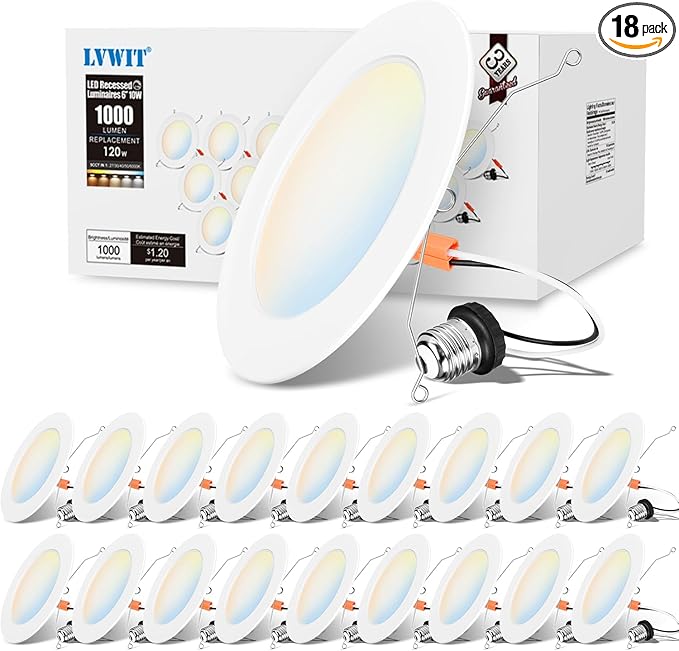 LVWIT 6 inch LED Recessed Lighting, Slim Can Lights with White Cover, 5CCT Color Selectable, Dimmable Downlight with E26 Conversion Kit, 18 Pack