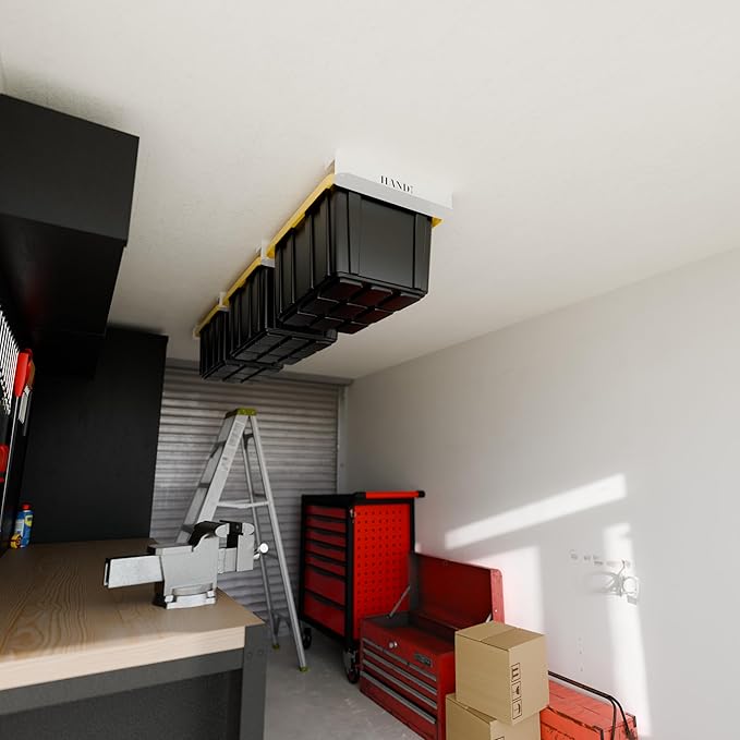 HANDT Overhead Garage Storage Rack, Connectable Heavy Duty Metal Ceiling Rails For Garage Storage Organization Shelving System, Hanging Racks For Tote Containers, Supports Up To 3 Bins, 2 Sets White