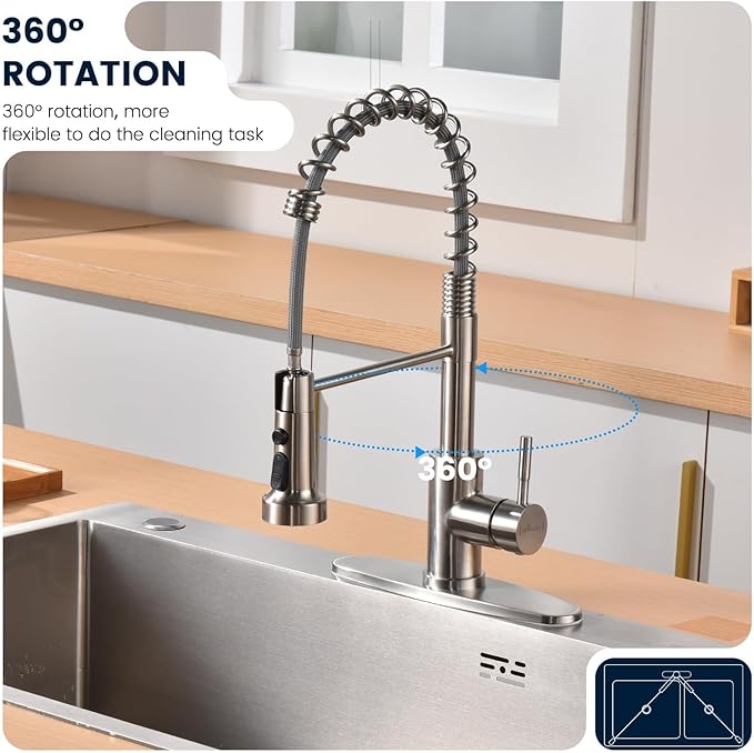 APPASO 3-Mode Kitchen Faucet with Soap Dispenser, Stainless Steel Pull Down Faucet for Kitchen Sink, Spring High Arc Tall Modern Single Handle Kitchen Sink Faucet with Sprayer Brushed Nickel