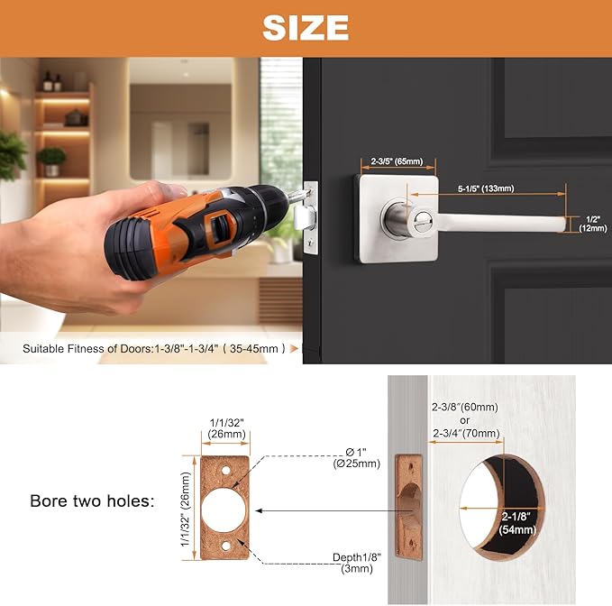 Probrico Privacy Door Handle Interior Heavy Duty Square Brushed Nickel Door Knobs for Bedroom Bathroom Reversible Keyless Door Lever Satin Nickel, 10 Pack