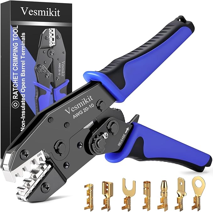 Crimping Tool for Non-Insulated Open Barrel Terminals-AWG 20-10 Ratchet Wire Crimper Tool-Wire Terminal Crimper-For Molex Female Male Spades Bullet