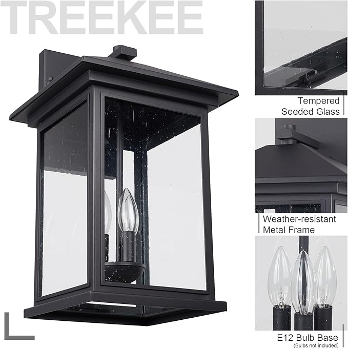 Treekee Large Outdoor Wall Light Fixture, 20 Inch Square Wall Lantern, 3- Light Exterior Sconce Lights, Porch Mount Lighting with Seeded Glass, Modern Black Lamps for Patio Front Door Entryway