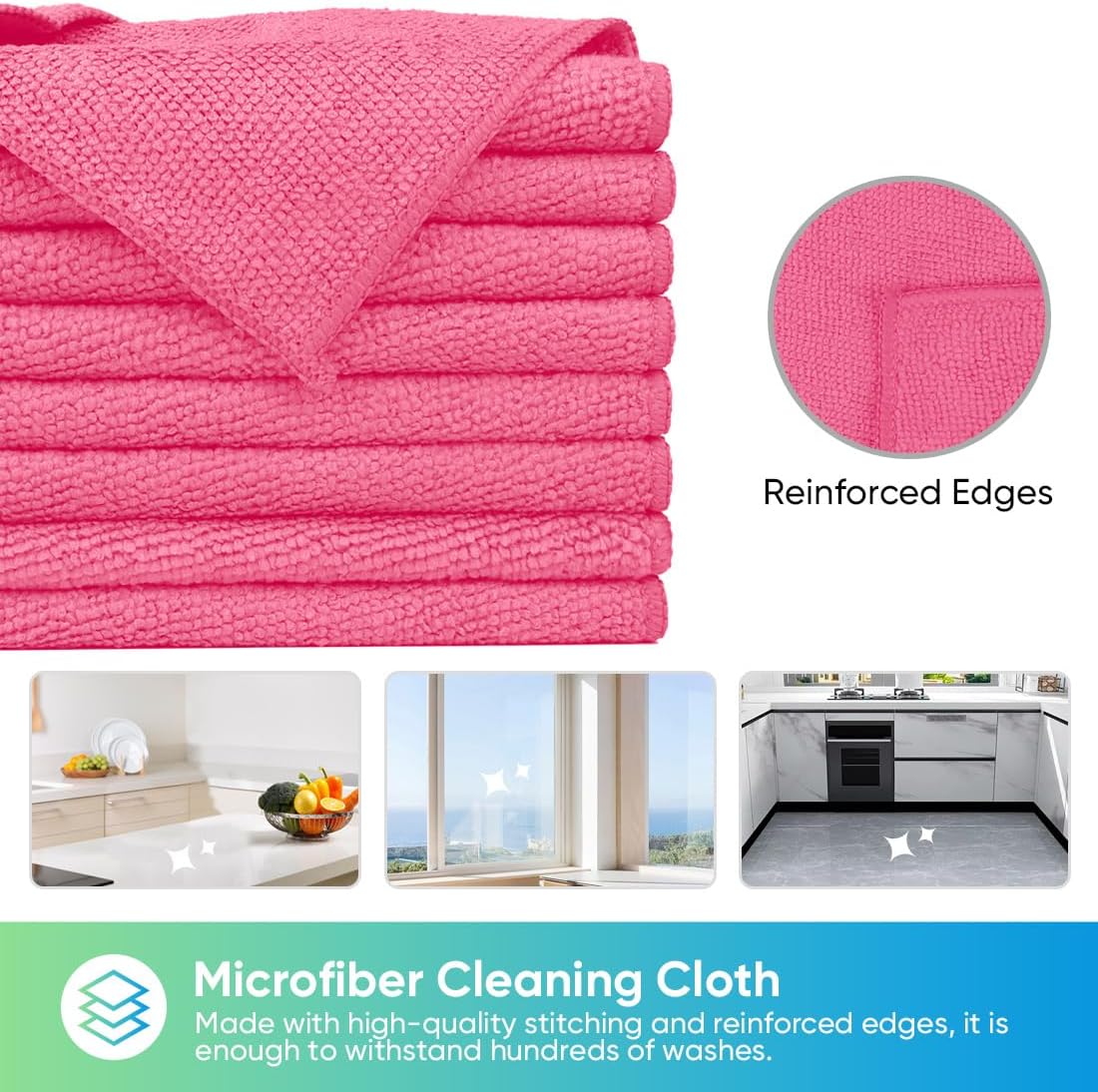 HOMEXCEL Pink Microfiber Cleaning Cloth, 24 Pack Cleaning Towels for Kitchen, Lint Free, Scratch-Free, Highly Absorbent, and Reusable Cleaning Rags for House, Window and Glass, Cars, 11.5 X11.5 inch
