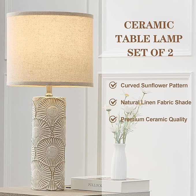 25.25" Tall White Lamps Set of 2 with Floral Design, Farmhouse White Ceramic Lamps Set of 2 for Bedroom, Living Room, Beige Table Lamps for Nightstands, Console Table