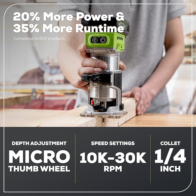 Greenworks 24V Cordless Trim Router, Variable Speed Brushless Motor Compact Palm Router with 2Ah Battery and Charger