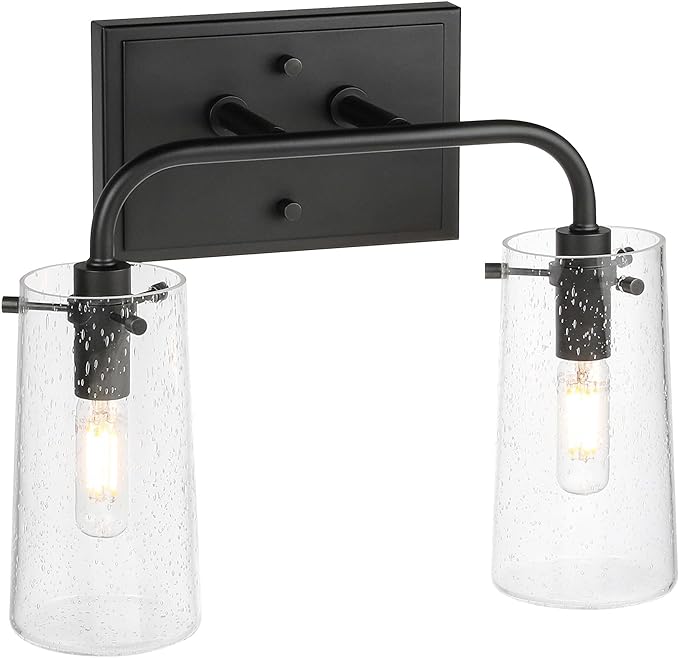 XiNBEi Lighting Bathroom Light Fixtures, Modern 2 Light Vanity Lights with Seeded Glass Matte Black Bath Wall Mount Fixture Over Mirror XB-W1283-2-MB