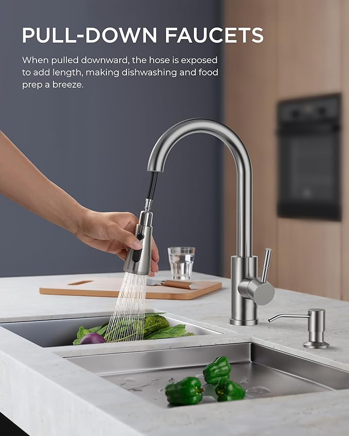 FORIOUS Kitchen Faucet with Soap Dispenser, Brushed Nickel, Single Handle Stainless Steel Transitional Sink Faucet with Pull Down Sprayer 1 or 3 Hole, Suitable for Farmhouse Laundry Camper RV Bar