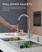 FORIOUS Kitchen Faucet with Soap Dispenser, Brushed Nickel, Single Handle Stainless Steel Transitional Sink Faucet with Pull Down Sprayer 1 or 3 Hole, Suitable for Farmhouse Laundry Camper RV Bar