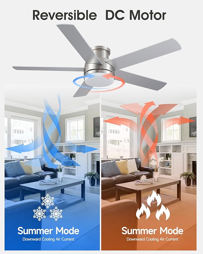 52 Inch Nickel Ceiling Fan With Light Flush Mount Dimmable 3 Color Temperatures LED Remote Control 6 Speed Reversible DC Motor 5 Blades Modern Ceiling Fan Design for Indoor or Covered Outdoor