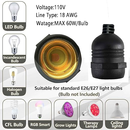 10 Feet Waterproof Wire Electric Light Socket, 2 Pack Outdoor Black Plug in Pendant Light, E26 E27 Socket for Vintage DIY Extension Cable Hanging Lamp