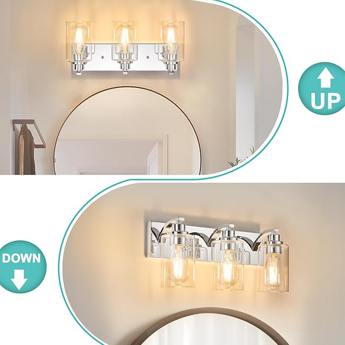 3-Light Bathroom Light Fixtures Modern Chrome Vanity Lights for Bathroom Lighting Fixtures Over Mirror with Clear Glass Shade for Cabinet Mirror Bedroom Hallway