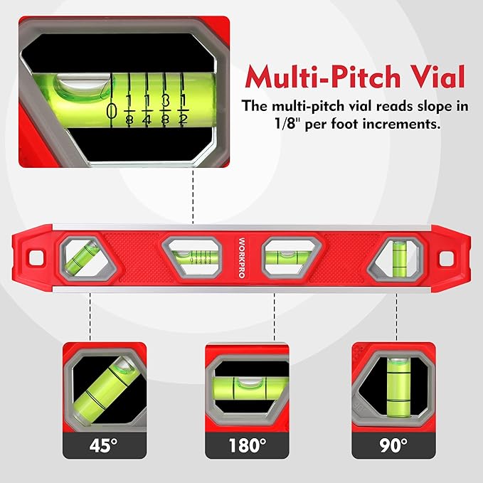 WORKPRO 12 Inch Torpedo Level, Magnetic Small Leveler Tool, Plumbing Level with Pitch Vial, Aluminum Reinforced, 4 Bubbles, V-Groove for Conduit Bending