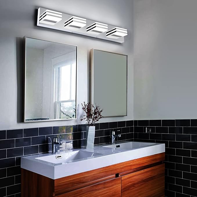 LED Vanity Lights for Bathroom 4 Light Bathroom Lamp over Vanity 27Inch Bathoom Mirror Light Fixtures Modern Bath Bar Lighting Chrome Vanity Lighting Fixtures 24W Restroom Light Fixture 6000K