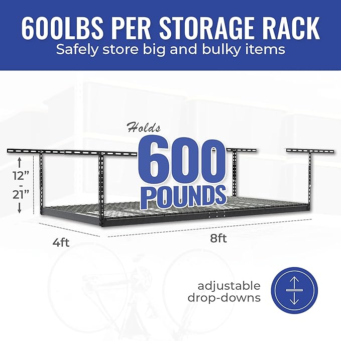SafeRacks Heavy Duty Overhead Garage Storage Rack, 2-Pack 4x8 Hammertone, 12"-21", 600 lb Capacity, Adjustable Ceiling Mount