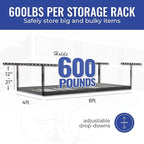 SafeRacks Heavy Duty Overhead Garage Storage Rack, 2-Pack 4x8 Hammertone, 12"-21", 600 lb Capacity, Adjustable Ceiling Mount