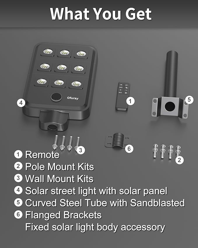 Ofuray Of-9600W Solar Street Lights Outdoor,24Ah High Power Solar Security Flood Lights Parking Lot Lights,IP67 Commercial Dusk to Dawn with Remote Control Motion for Street,Court,Barn